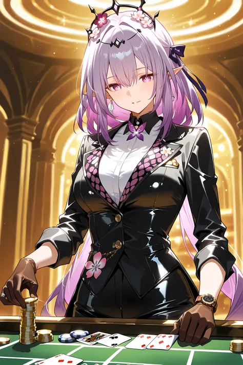 score_9, score_8_up, score_7_up, masterpiece, best quality, very aesthetic, absurdres, tunning image, attractive image, 1girl, solo, adult grown woman, castorice \(honkai star rail\), purple eyes, purple hair, pointy ears, multicolored hair, hair ornament,...