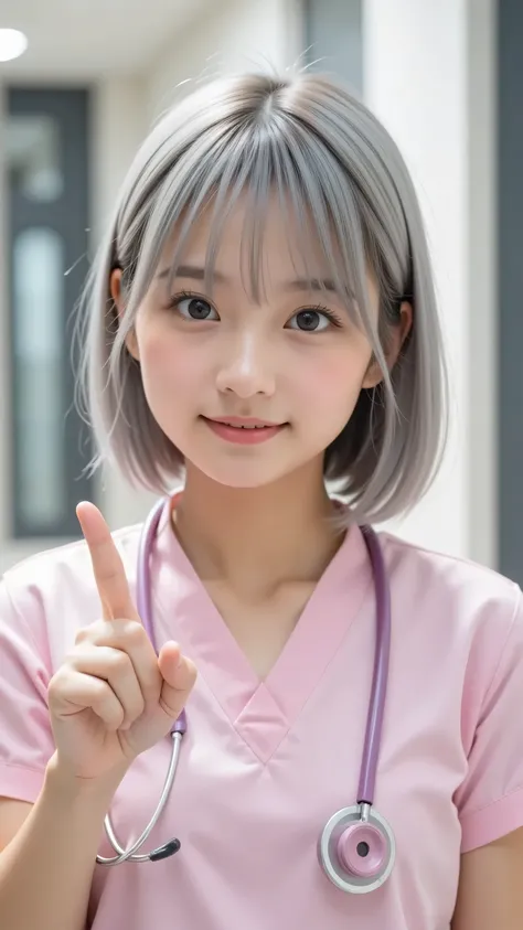 ((4K、original photo、High Fine))、(((high performance camera)))、(((realistic)))、(((Realistic)))、A silver-haired bob girl in a light pink nurse costume is smiling and pointing her index finger。