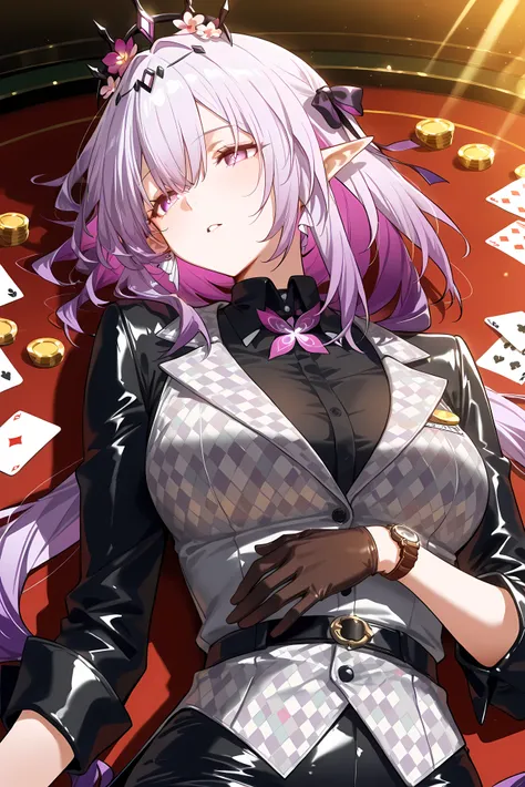 score_9, score_8_up, score_7_up, masterpiece, best quality, very aesthetic, absurdres, tunning image, attractive image, 1girl, solo, adult grown woman, castorice \(honkai star rail\), purple eyes, purple hair, pointy ears, multicolored hair, hair ornament,...