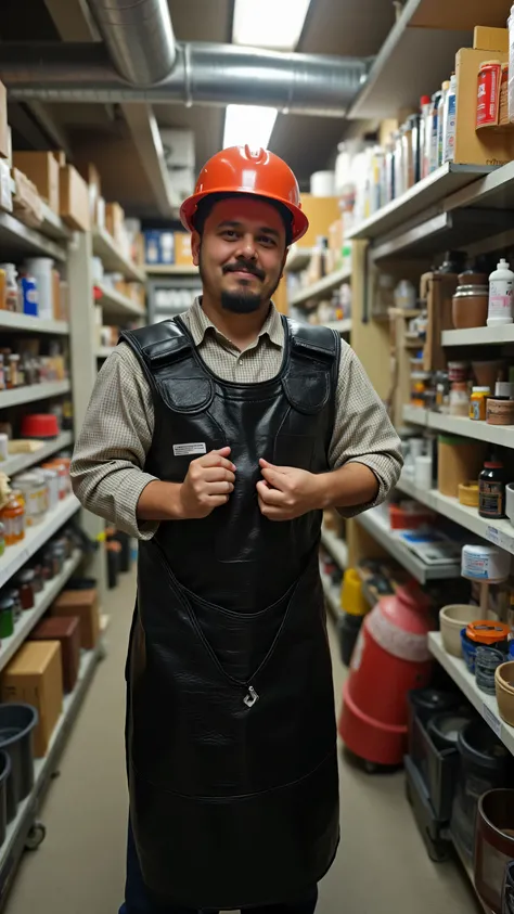 Low-angle, early-morning industrial corridor; a single worker-priest tightening a leather-and-latex apron harness, mirror-polished sheen catching sodium vapor light; straps under tension, tool seals hanging like prayer tokens; atmosphere humid, quiet, reve...