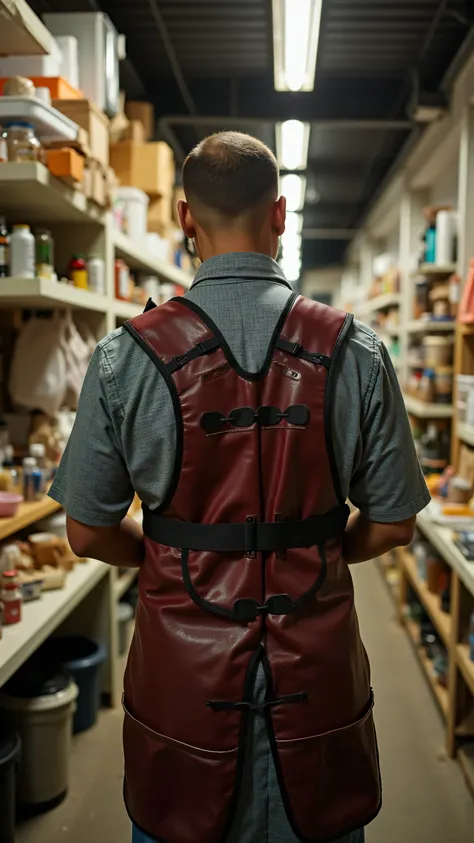 Low-angle, early-morning industrial corridor; a single worker-priest tightening a leather-and-latex apron harness, mirror-polished sheen catching sodium vapor light; straps under tension, tool seals hanging like prayer tokens; atmosphere humid, quiet, reve...