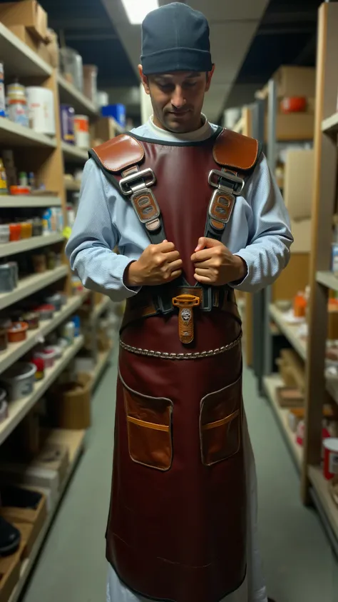 Low-angle, early-morning industrial corridor; a single worker-priest tightening a leather-and-latex apron harness, mirror-polished sheen catching sodium vapor light; straps under tension, tool seals hanging like prayer tokens; atmosphere humid, quiet, reve...