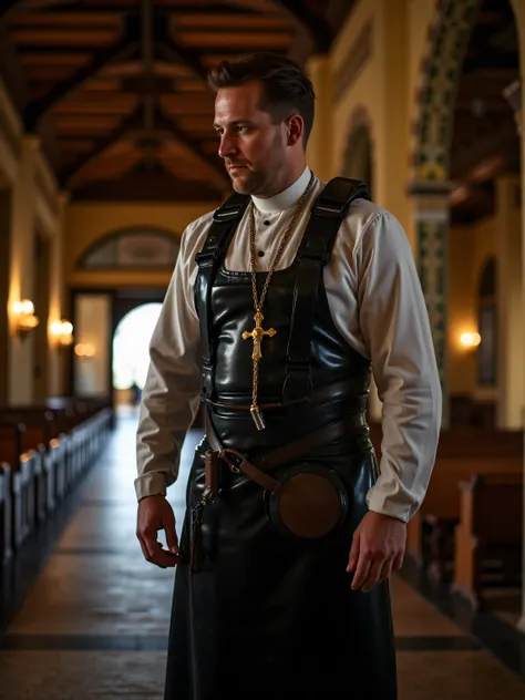 Low-angle, early-morning in an ornately designed church hall of a monastery in the high mountains; a single worker-priest tightening a leather-and-latex apron harness, mirror-polished sheen catching sodium vapor light; straps under tension, a seal with a m...