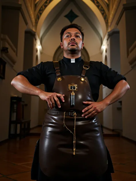 Low-angle, early-morning in an ornately designed church hall of a monastery in the high mountains; a single worker-priest tightening a leather-and-latex apron harness, mirror-polished sheen catching sodium vapor light; straps under tension, a seal with a m...