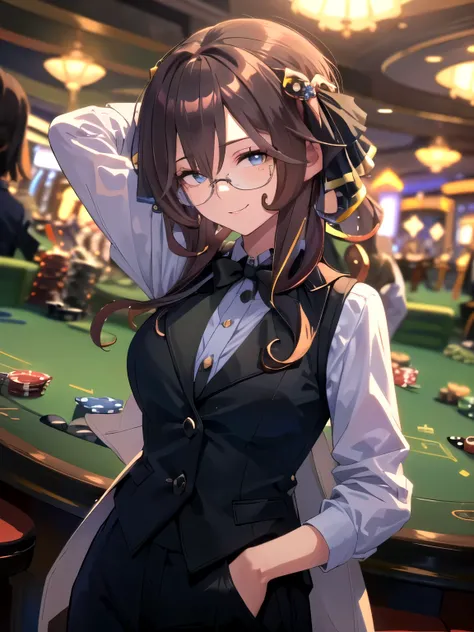(Solo, upper body, Dutch angle, hands behind waist, hands behind head: 1.5)
(Tentacle domination, she's a casino dealer. Black bow tie, black vest, white shirt, black pants. Casino dealer's most formal attire: 1.8)
(Slender, huge breasts, blue eyes, glasse...