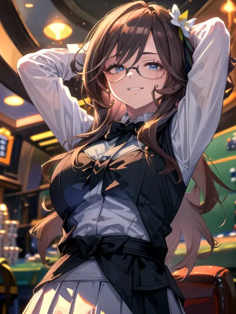 (Solo, upper body, Dutch angle, hands behind waist, hands behind head: 1.5)
(Female domination, she's a casino dealer. Black bow tie, black vest, white shirt, black skirt. Casino dealer's most formal attire: 1.8)
(Slender, huge breasts, blue eyes, glasses,...