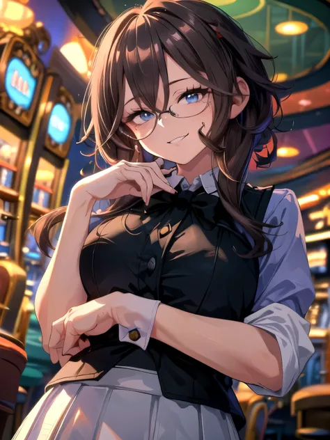 (Solo, upper body, Dutch angle, hands behind waist, hands behind head: 1.5)
(Female domination, she's a casino dealer. Black bow tie, black vest, white shirt, black skirt. Casino dealer's most formal attire: 1.8)
(Slender, huge breasts, blue eyes, glasses,...
