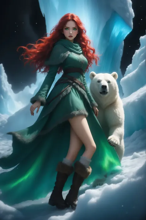 Contrast,wearing a clothes,Fantasy Elements,masterpiece, best quality, very aesthetic, absurdres, ,a picture of a fantasy 1single woman fighting a big white bear on a wild iceberg, glacier background, auroras in different colors grit atmosphere, dirt on he...