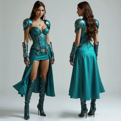 Nina Dobrev has a relatively small head, long neck, very broad shoulders and torso, long athletic legs, wide big hips of the upper legs, dressed in turquoise satin nano armor with cables and wires, turquoise steel shoulder pads made of plates engraved, eng...