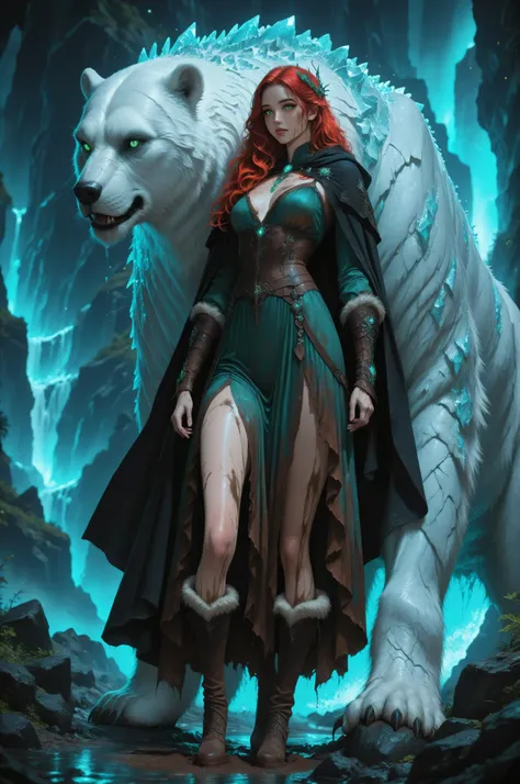 Contrast,wearing a clothes,Fantasy Elements,masterpiece, best quality, very aesthetic, absurdres, ,a picture of a fantasy 1single woman fighting a big white bear on a wild iceberg, glacier background, auroras in different colors grit atmosphere, dirt on he...