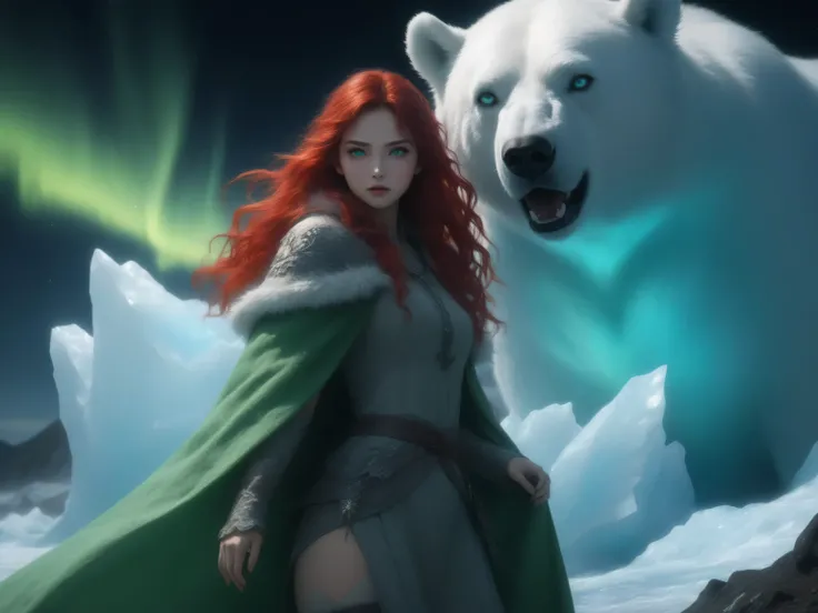 Contrast,wearing a clothes,Fantasy Elements,masterpiece, best quality, very aesthetic, absurdres, ,a picture of a fantasy 1single woman fighting a big white bear on a wild iceberg, glacier background, auroras in different colors grit atmosphere, dirt on he...