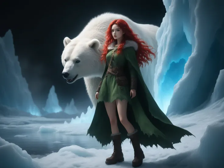 aidmaMJ6.1,Contrast,wearing a clothes,Fantasy Elements,masterpiece, best quality, very aesthetic, absurdres, ,a picture of a fantasy 1single woman fighting a big white bear on a wild iceberg, glacier background, auroras in different colors grit atmosphere,...