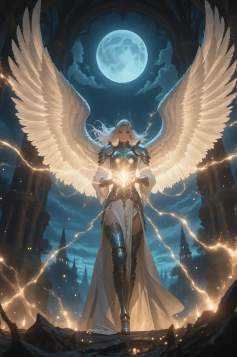 magical, Fantasy Elements,masterpiece, best quality, very aesthetic, absurdres,an epic fantasy art portrait of aasimar, female, paladin ready for battle under the full moon, holy warrior, spread large feathered wings, majestic wings, white angelic wings sp...