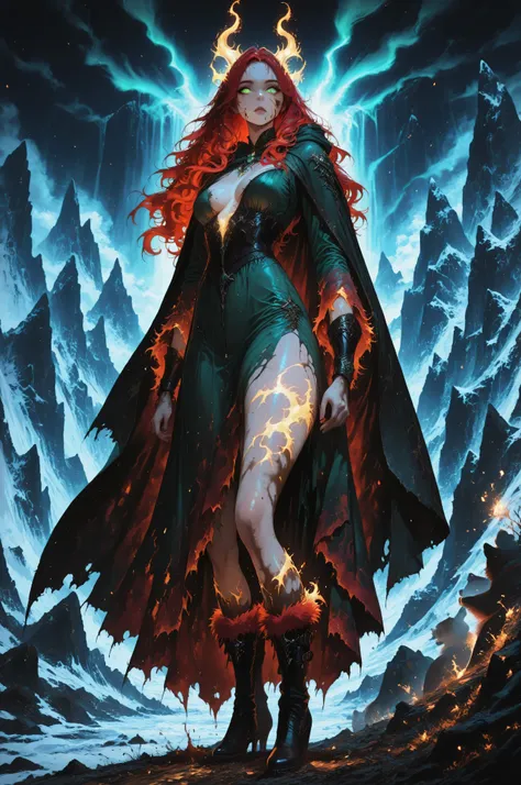 aidmaMJ6.1,Contrast,wearing a clothes,Fantasy Elements,masterpiece, best quality, very aesthetic, absurdres, ,a picture of a fantasy 1single woman fighting a big white bear on a wild iceberg, glacier background, auroras in different colors grit atmosphere,...