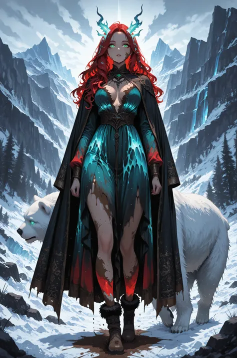 aidmaMJ6.1,Contrast,wearing a clothes,masterpiece, best quality, very aesthetic, absurdres, ,a picture of a fantasy 1single woman fighting a big white bear on a wild iceberg, glacier background, auroras in different colors grit atmosphere, dirt on her face...