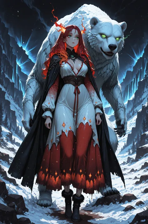 aidmaMJ6.1,Contrast,wearing a clothes,masterpiece, best quality, very aesthetic, absurdres, ,a picture of a fantasy 1single woman fighting a big white bear on a wild iceberg, glacier background, auroras in different colors grit atmosphere, dirt on her face...