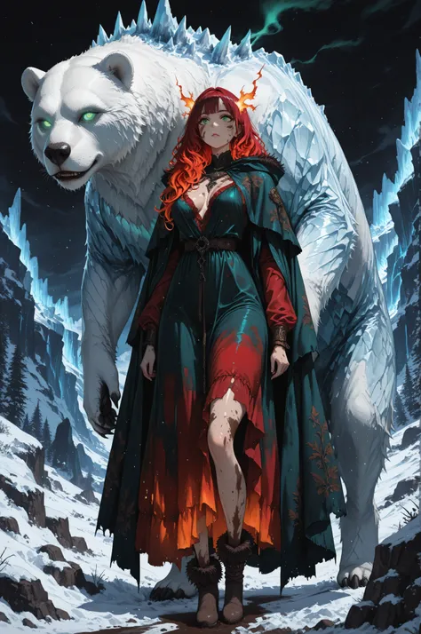 aidmaMJ6.1,Contrast,wearing a clothes,masterpiece, best quality, very aesthetic, absurdres, ,a picture of a fantasy 1single woman fighting a big white bear on a wild iceberg, glacier background, auroras in different colors grit atmosphere, dirt on her face...