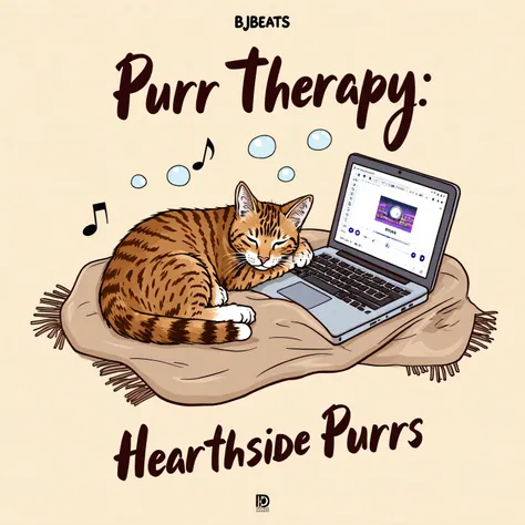 Artistic cover: comfortное кресло у камина, cat curled up on a blanket, release next to it is an open player laptop, x} stylized sound bubbles are flying around, hinting at asmr and purring. Against the cream-colored background, large caption "BJBeats", ti...