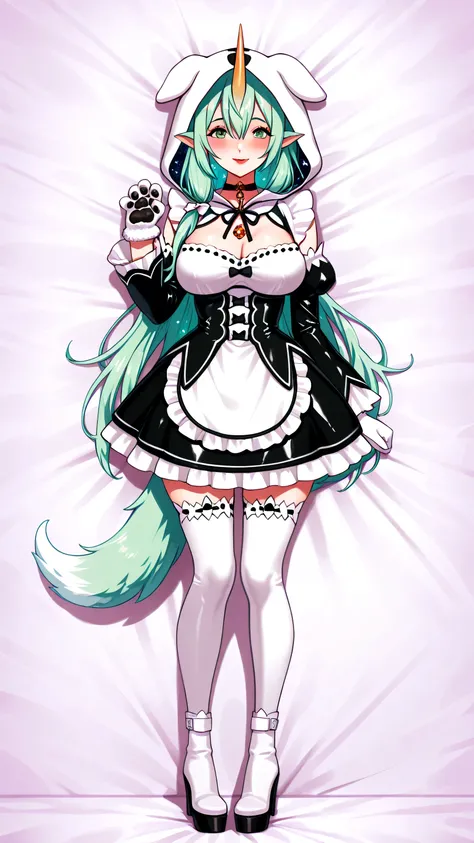 puppy eyes, cat pose, dog paw puffy gloves, apron, black bow, black latex dress, black ribbon, bow, detached sleeves, latex dress, frilled apron, frilled sleeves, frills, juliet sleeves, long sleeves, maid, puffy sleeves, ribbon, roswaal mansion maid unifo...