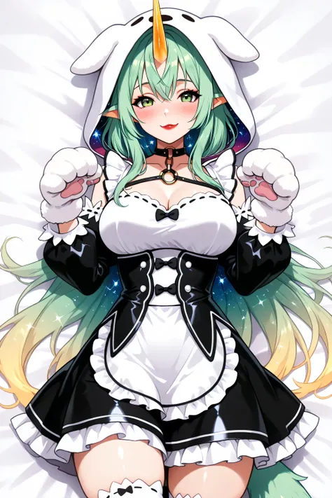 puppy eyes, cat pose, dog paw puffy gloves, apron, black bow, black latex dress, black ribbon, bow, detached sleeves, latex dress, frilled apron, frilled sleeves, frills, juliet sleeves, long sleeves, maid, puffy sleeves, ribbon, roswaal mansion maid unifo...