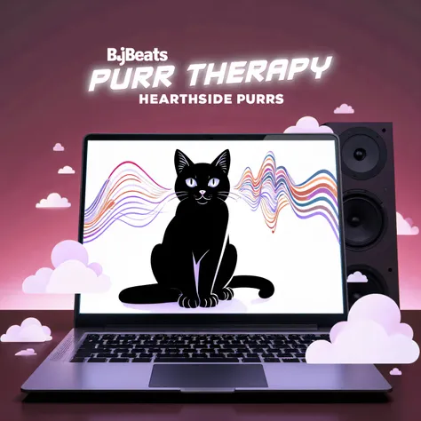 Mixed digital graphics: a cat is sitting on the laptop screen, whose ears react to waves of sounds — graphic lines and ASMR effects come from the speaker. There is a large signature "BJBeats", and around, in clouds of sound — title "Purr Therapy: Hearthsid...