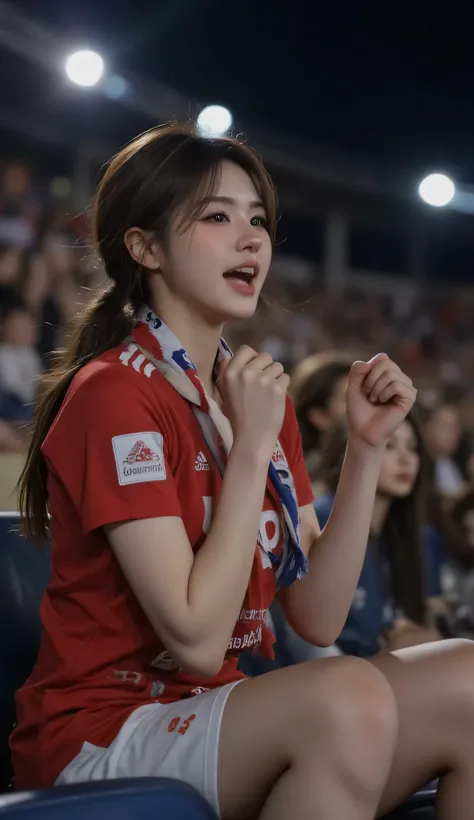 Ultra realistic 8K UHD photograph, close-up portrait of a young woman sports fan seated in stadium stands. The focus is sharply on her expressive face and upper body as she cheers with a wide smile, mouth open mid-shout, one fist raised energetically. Her ...