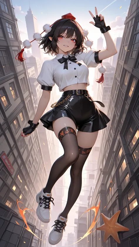 shameimaru aya, 1girl, solo, red eyes, black hair, tokin hat, collared shirt, white shirt, short sleeves, black bow, high quality, perfect photography, ultra-detailed, glitter eye makeup, dramatic long eyelashes,hip-hop idol fusion style, street-fashion ou...