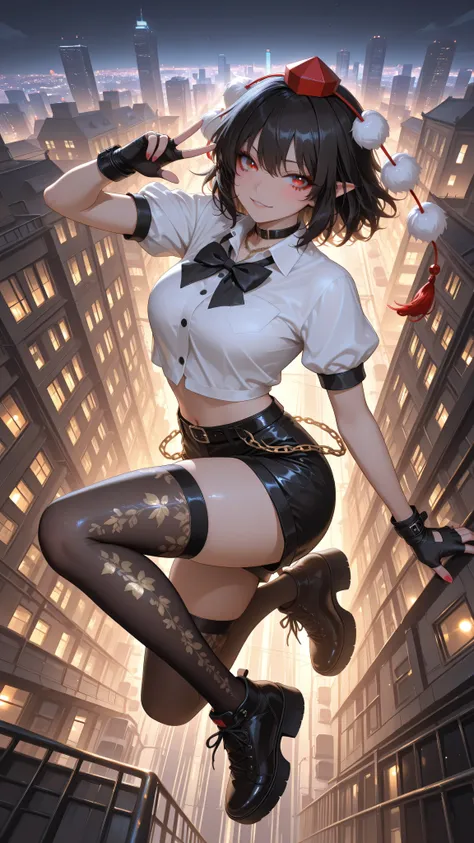 shameimaru aya, 1girl, solo, red eyes, black hair, tokin hat, collared shirt, white shirt, short sleeves, black bow, high quality, perfect photography, ultra-detailed, glitter eye makeup, dramatic long eyelashes,hip-hop idol fusion style, street-fashion ou...