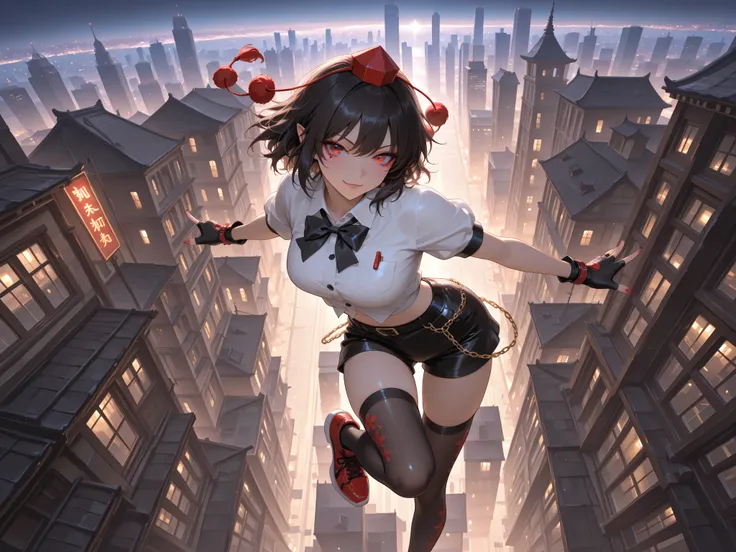 shameimaru aya, 1girl, solo, red eyes, black hair, tokin hat, collared shirt, white shirt, short sleeves, black bow, high quality, perfect photography, ultra-detailed, glitter eye makeup, dramatic long eyelashes,hip-hop idol fusion style, street-fashion ou...