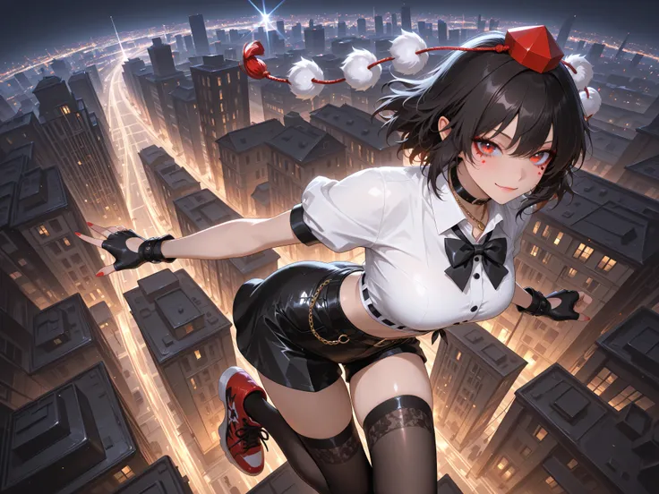 shameimaru aya, 1girl, solo, red eyes, black hair, tokin hat, collared shirt, white shirt, short sleeves, black bow, high quality, perfect photography, ultra-detailed, glitter eye makeup, dramatic long eyelashes,hip-hop idol fusion style, street-fashion ou...