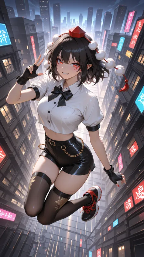 shameimaru aya, 1girl, solo, red eyes, black hair, tokin hat, collared shirt, white shirt, short sleeves, black bow, high quality, perfect photography, ultra-detailed, glitter eye makeup, dramatic long eyelashes,hip-hop idol fusion style, street-fashion ou...