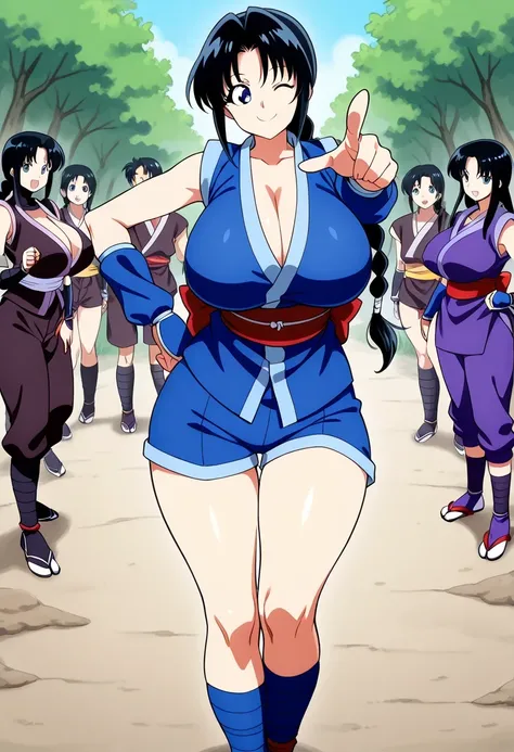 1girl, long hair, black hair, blue eyes,  braid , huge breasts and big hips, ninja, sleeveless, Obi , Love, shorts, arm warmers, leg wrap, tabi, beautiful, hand on the hip, Pointing at the viewer,  smile, wink, gap-mouthed orgy, cowboy suit, outdoor, 