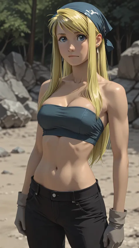 (((Pixel Perfect, Perfect detail))),
winry rockbell, blue eyes, blonde hair, gloves, navel, cleavage, bare shoulders, collarbone, earrings, midriff, pants, stomach, bare arms, strapless, bandana, bandeau, grey gloves,outdoor, perfect body, sexy pose 