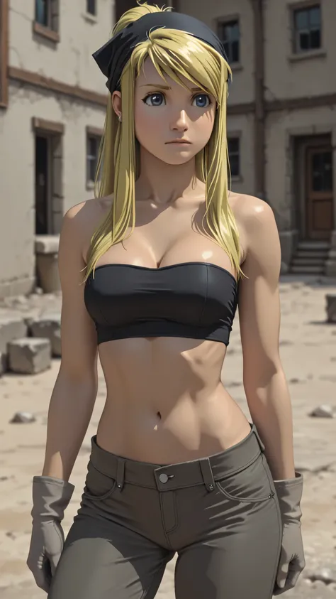 (((Pixel Perfect, Perfect detail))),
winry rockbell, blue eyes, blonde hair, gloves, navel, cleavage, bare shoulders, collarbone, earrings, midriff, pants, stomach, bare arms, strapless, bandana, bandeau, grey gloves,outdoor, perfect body, sexy pose 