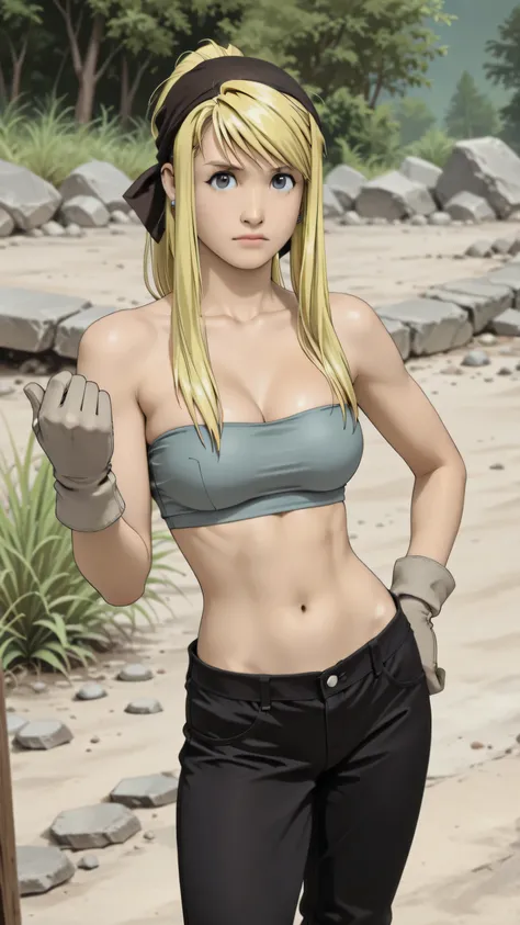 (((Pixel Perfect, Perfect detail))),
winry rockbell, blue eyes, blonde hair, gloves, navel, cleavage, bare shoulders, collarbone, earrings, midriff, pants, stomach, bare arms, strapless, bandana, bandeau, grey gloves,outdoor, perfect body, sexy pose, mediu...