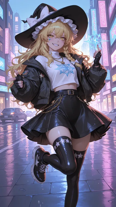 Kirisame Marisa, witch hat, white ribbon, black dress, white short sleeves shirt, black skirt, high quality, perfect photography, ultra-detailed, glitter eye makeup, dramatic long eyelashes,hip-hop idol fusion style, street-fashion outfit,  oversized bombe...