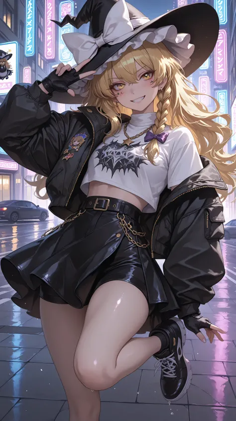 Kirisame Marisa, witch hat, white ribbon, black dress, white short sleeves shirt, black skirt, high quality, perfect photography, ultra-detailed, glitter eye makeup, dramatic long eyelashes,hip-hop idol fusion style, street-fashion outfit,  oversized bombe...