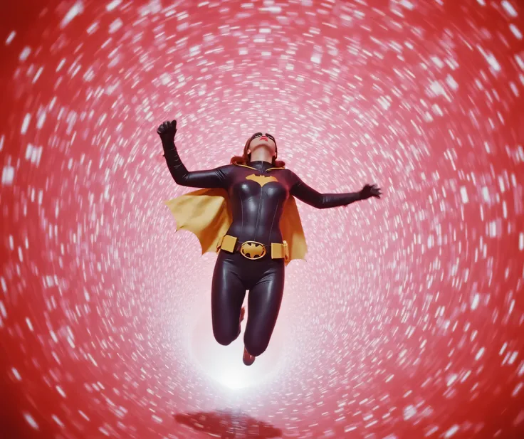 Dramatic lighting, dark shadows, technicolor film still, ((( dynamic angle, looking at her from below her feet))), a woman falls head -first into a red tornado vortex, chtistina ricci with dark red hair, eye makeup and lipstick, dressed as Batgirl, she is ...