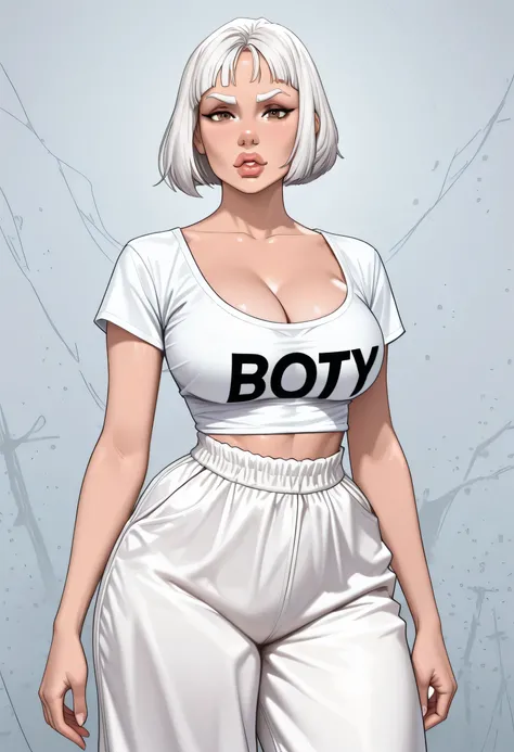 white sexy woman, white hair, short bob hair, white thin eyebrows, lips, lips without makeup, layed down, hard big cleavage, white short t shirt revealing, big booty, black baggy pants, big thighs, standing, ((looking at viewer))
