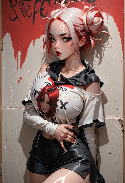 perfect face, red hair, top knot hair bun, (forehead), black eyebrows, thin eyebrows, (green eyes), black eyeliners, lips, dark red lips, parted lips, collarbone, cleavage, (huge breasts, perfect breasts), (one off-shoulder, t-shirt, white t-shirt), ((wall...