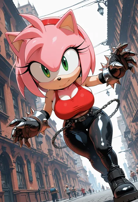Himo, 1girl, solo, furry, amy_rose, shortstack, spiked gauntlets, dynamic angle, dynamic pose, city street, leather pants, tank top, red tank top,  chain belt, skindentation