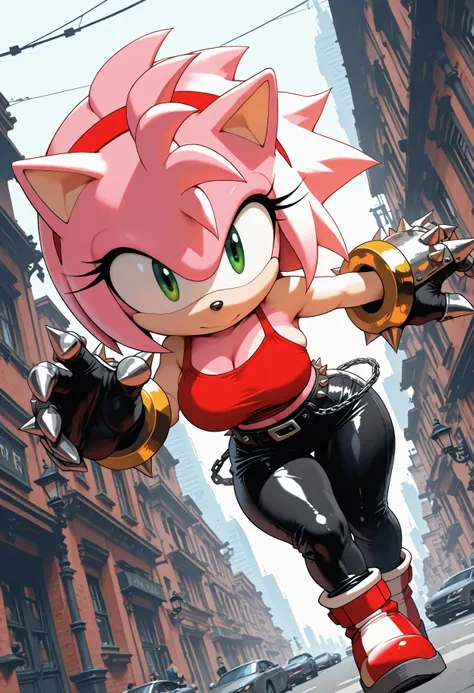 Himo, 1girl, solo, furry, amy_rose, shortstack, spiked gauntlets, dynamic angle, dynamic pose, city street, leather pants, tank top, red tank top,  chain belt, skindentation