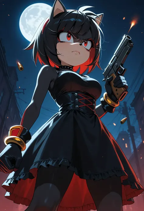 score_9, score_8_up, shadow the hedgehog, medium breasts, black dress, (short hair:1.5), bangs, eyeshadow, cute face, 1girl, makeup, emo, [amy rose:29], black fur, black skin, moon background, closed mouth, angry, goth, red eyes, holding gun, from below, s...