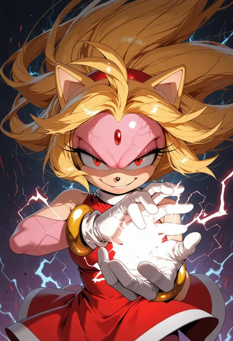 masterpiece, best quality, very awa, absurdres, masterpiece, absurdres, highres, absurdres,highres, amy rose, sonic (series), super form, super amy, floating hair, yellow fur, yellow hair, red eyes, red dress, white gloves, bracelets, majin mark, forehead ...