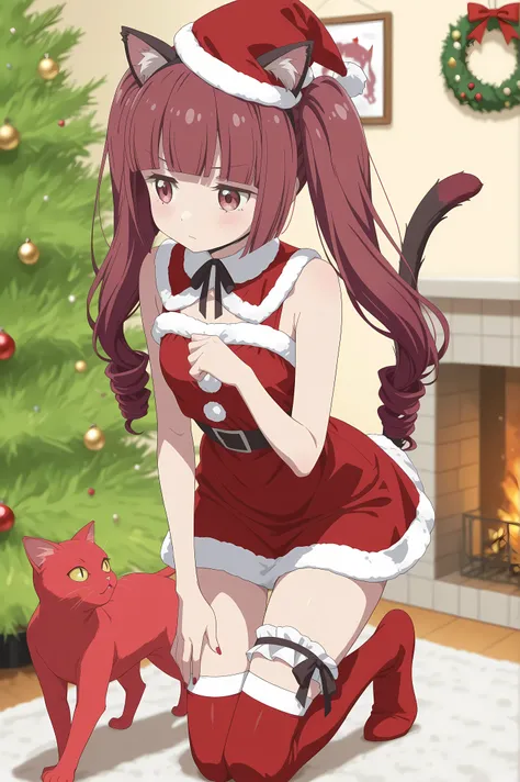 Hanazono Yurine, catgirl, red cat tail, red cat ears, Santa hat, Santa dress, thigh highs, Christmas tree 