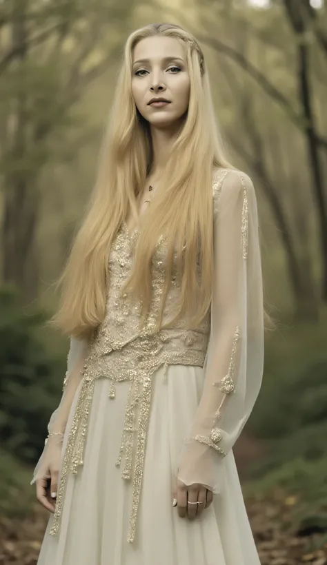 Lisa Kudrow as, Galadriel, the Lady of Lórien, cinematic fantasy full body shot, long flowing silver-blonde hair, softly glowing, delicate elven features, elf pointed ears, pale luminous skin, calm wise eyes filled with quiet compassion, wears elegant elve...