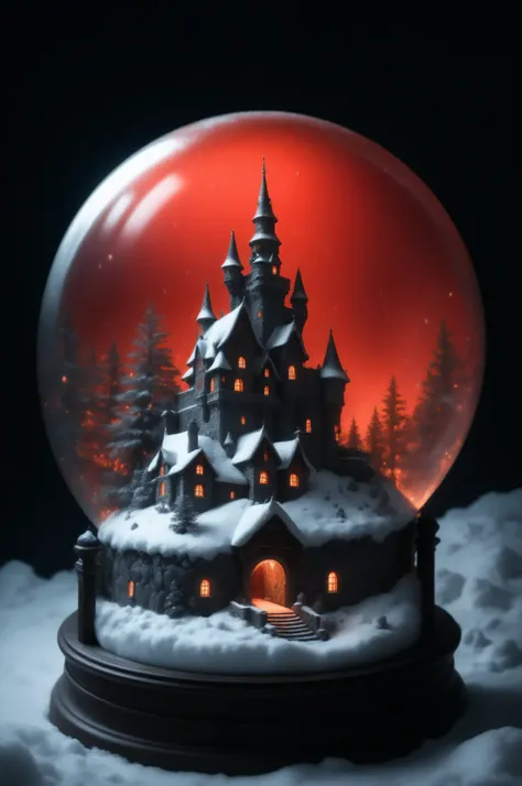 blue color,Contrast,Fantasy Elements,masterpiece, best quality, very aesthetic, absurdres, a black and white picture, only colores are black and white, of a magical snow globe, inside the globe a castle in the snow, its window are lit in red light. Hyperr...