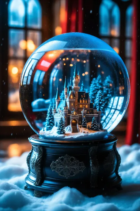 blue color,Contrast,Fantasy Elements,masterpiece, best quality, very aesthetic, absurdres, a black and white picture of a magical snow globe, inside the globe a castle in the snow, its window are lit in red light. Hyperrealism style, vibrant, Ultra-high re...