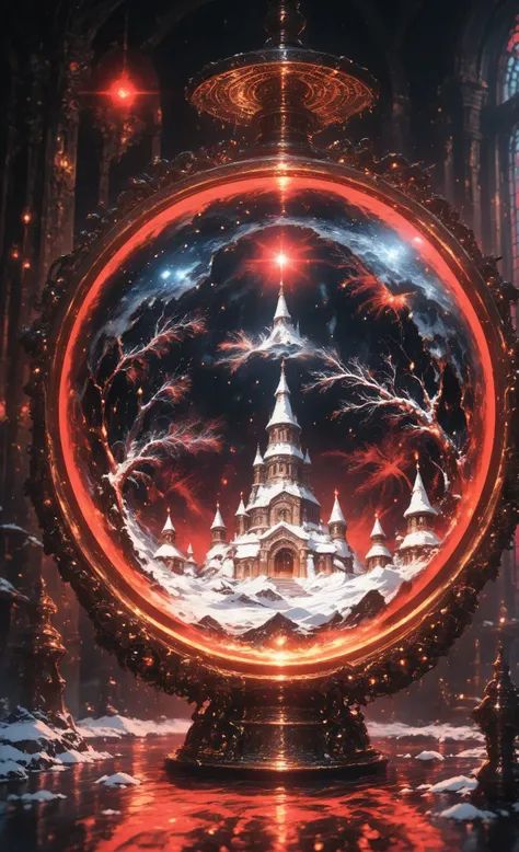 Contrast,Fantasy Elements,masterpiece, best quality, very aesthetic, absurdres, a black and white picture of a magical snow globe, inside the globe a castle in the snow, its window are lit in red light. Hyperrealism style, vibrant, Ultra-high resolution, H...