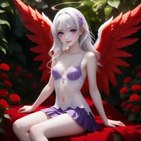 ((Top quality, 8K, best quality, masterpiece, ultra realistic)), ((Beautiful angel with odd eyes)), ((Heterochromia, golden eyes, silver eyes)), ((Sparkling and detailed eyes)), (Very precise eyes), (Long hair with a mixture of platinum and purple), Prince...